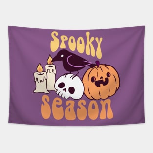 Spooky season a cute crow on a skull with a pumpkin and candles Tapestry