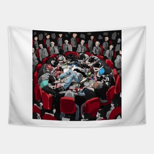 People Resting Head on Round Table Tapestry