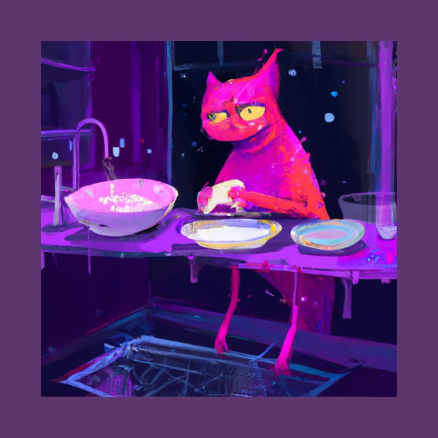 Pink Cat Creature Washes Dishes After a Long Night by Star Scrunch