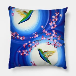 Blue, white, flowers and hummingbirds Pillow