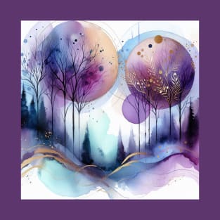 Abstract Watercolor Trees Purple and Gold T-Shirt