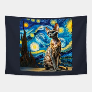 Devon Rex Starry Night Inspired - Artistic Cat Tapestry