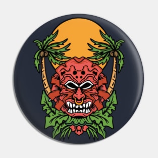 Retro Tiki Mask with Palm Trees & Sun Pin