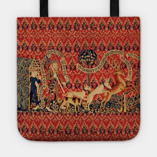 WILD PEOPLE IN DEER HUNT Antique Red Floral Tapestry with Animals Tote