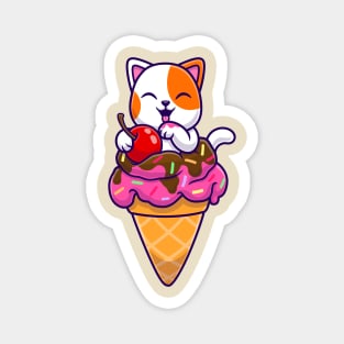 Cute Cat On Ice Cream Cone Cartoon Magnet