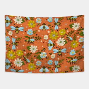 Blooming Flowers and Bees on Orange Tapestry