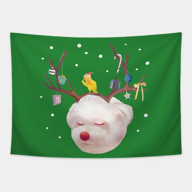 Puppy in Reindeer Antlers Tapestry by zkozkohi