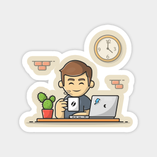 Male Operating Laptop With Coffee Cartoon Vector Icon Illustration Magnet