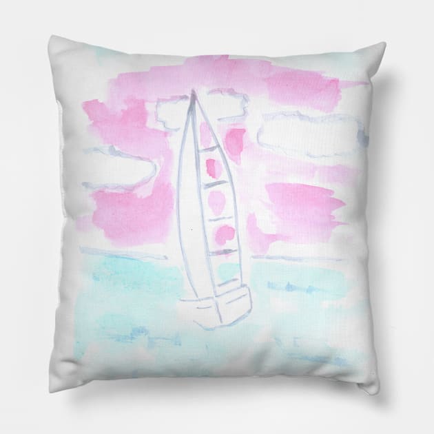 Yacht, ship, sports, ocean, sea, water, vacation, recreation, transportation, travel, watercolor, watercolour, hand drawn, drawing, illustration, Pillow by grafinya