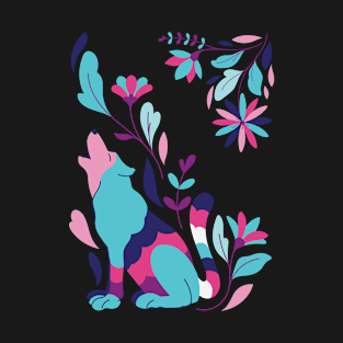 Wolf and Floral Design in Teal Navy Magenta T-Shirt