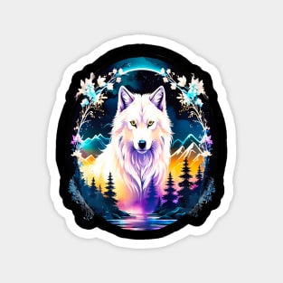 A White Wolf with Mountains, Floral Elements, Forests, Trees Magnet