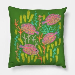 TROPICAL ZONE Coral Reef Fish Undersea Ocean Sea Creatures in Pink Purple Yellow Orange on Green - UnBlink Studio by Jackie Tahara Pillow