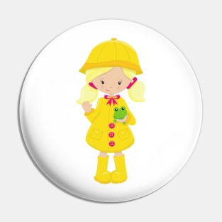 Girl In Raincoat, Boots, Blonde Hair, Frog Pin