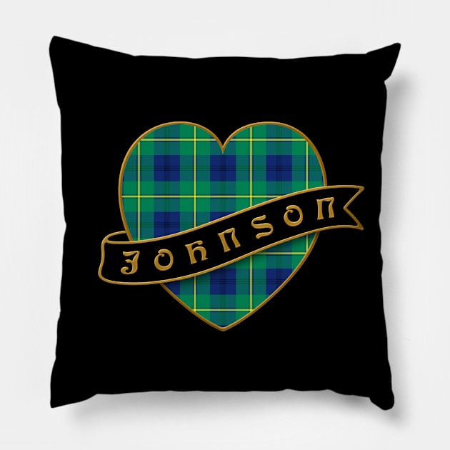 The JOHNSON Family Tartan Heart & Ribbon Retro-Style Family Insignia Pillow by Plaidify