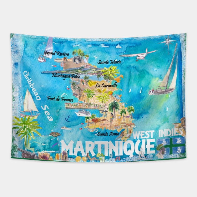 Martinique Illustrated Travel Map With Roads Tapestry by artshop77