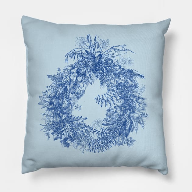Cottagecore Aesthetic Blue Floral Wreath Pillow by Biophilia