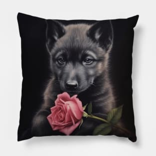 Wolf puppy and rose Pillow