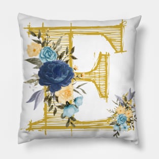 Monogram Letter E In Metallic Gold With Aesthetic Blue Flowers Botany Pillow