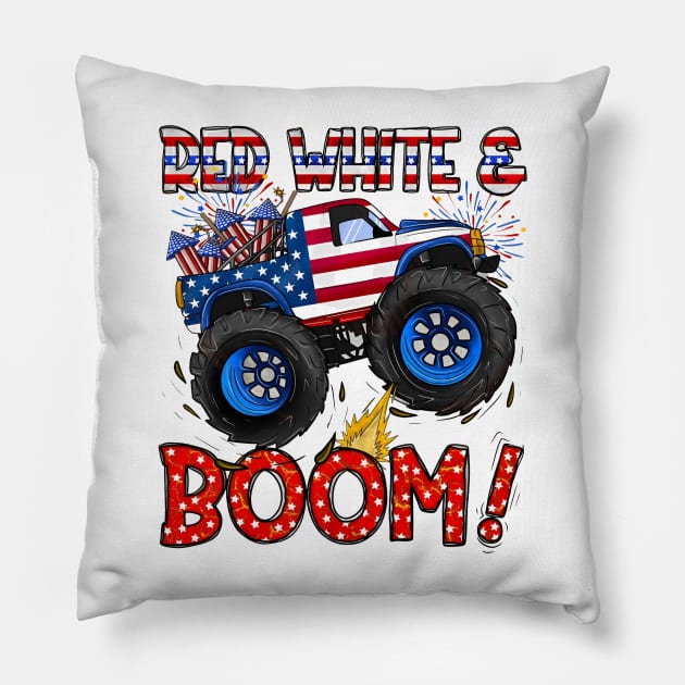 4th of July, Monster Truck, Patriotic Monster Truck, America, Red White and Boom Pillow by kumikoatara