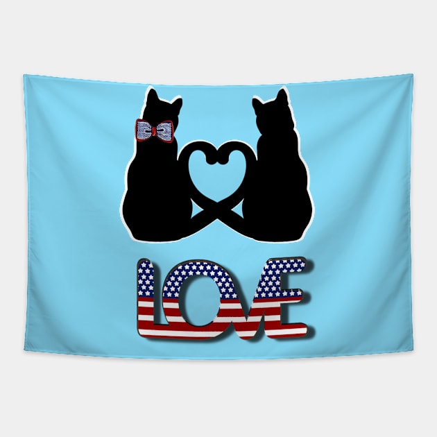 Love in American style and two black cats with tails creating a heart Tapestry by Blue Butterfly Designs 