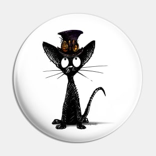 Funny Black Oriental Cat in a Steampunk Hat and Brass Goggles Pin