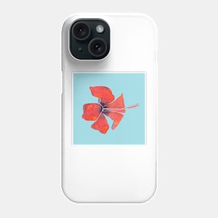 Red Hibiscus Tropical Watercolor Illustration with a blue background Phone Case