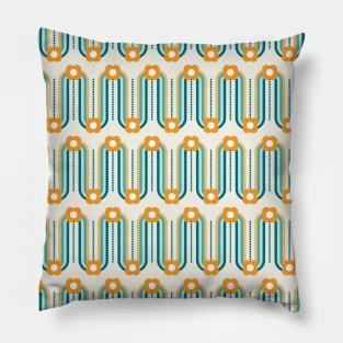 Retro Waves and Flowers, Teal, Aqua, Orange Pillow