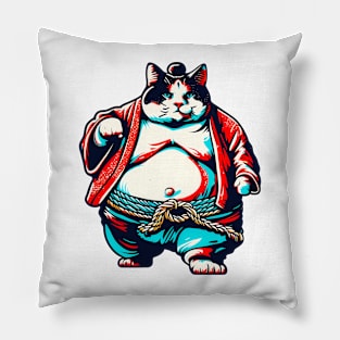 Retro Sumo Cat Humor: Vintage-Styled Feline Warrior Tee Pillow