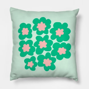 70s retro hippie flowers in mint green and pink Pillow