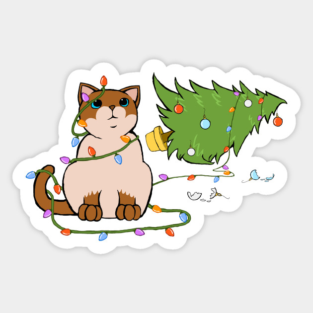 Meowy Christmas Siamese Cat Knocking Over Christmas Tree