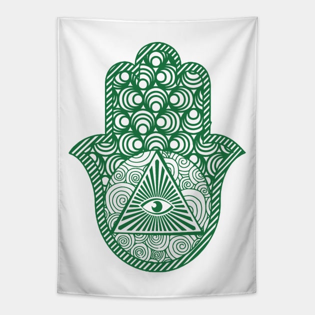 Quiet Wave Green Zentangle Hamsa Hand of Fatima Tapestry by MysticMagpie