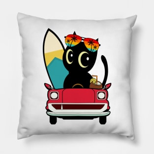 Surfer black cat driving to the beach Pillow