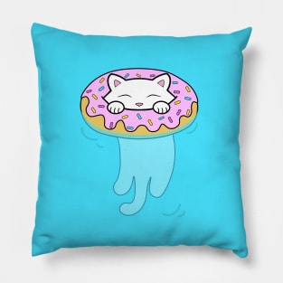 Cute white kitten swimming in a pool with water donut Pillow