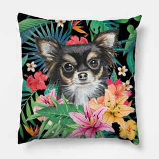 Tropical Long Haired Black Tricolor Chihuahua Pillow