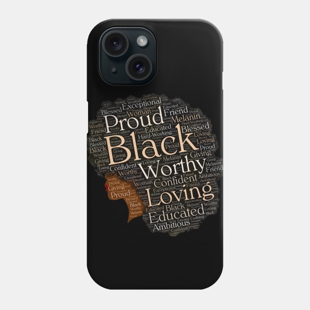 Proud Black Woman Words in Afro Phone Case by blackartmattersshop