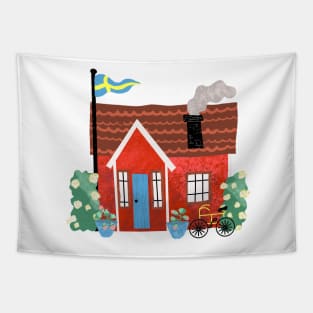 Swedish Summer Cottage with Flags - Midsommar Stuga - Pink Background Tapestry