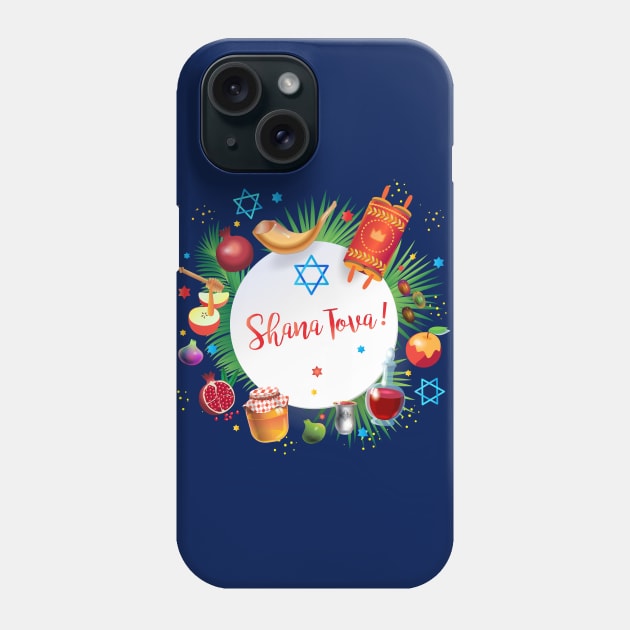 Happy Rosh Hashanah - Shana Tova! Autumn New Year Jewish Holiday Paty. Honey and Apple, Pomegranate, Shofar, Star of David, traditional symbols, torah, shofar, pomegranates, star of David, tropical palm tree leaves. Navy Blue Decoration Phone Case by sofiartmedia