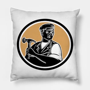 Carpenter Holding Hammer Woodcut Pillow