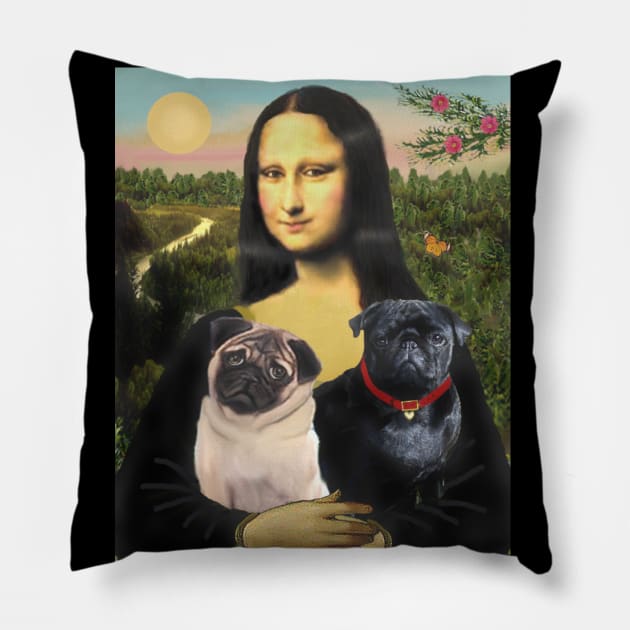 Mona Lisa and her Two Pugs Pillow by Dogs Galore and More