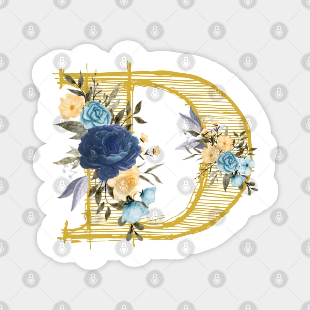 Monogram Letter D In Metallic Gold With Aesthetic Blue Flowers Botany Magnet by aspinBreedCo2