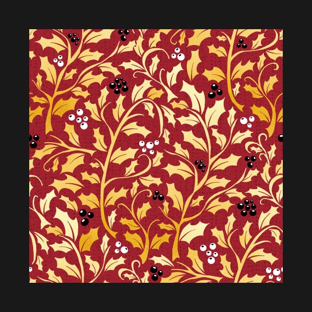 Red and Gold Christmas Holly leaves and berries pattern by colorofmagic