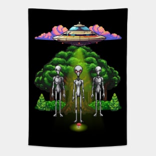 Pixel Aliens Find Mushroom Tapestry