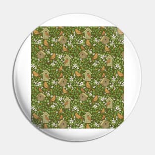 Birds in birdhouses with white apple blossom on brown background Pin