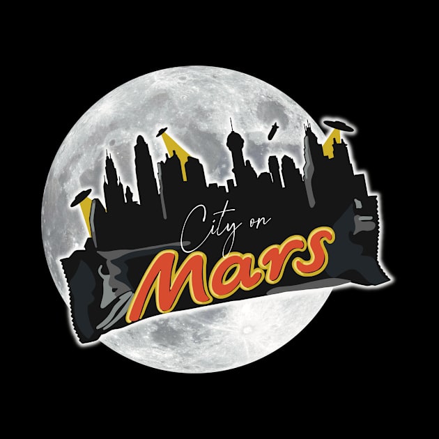 City on Mars with a moon behind it and UFO's in the sky by Fruit Tee