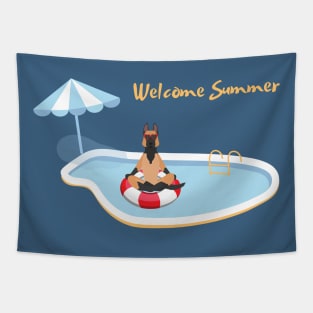 Welcome Summer with German Shepherd with Sunglasses on Pool Float Tapestry