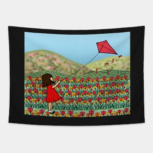 Young Girl Flying Kite Tulip Field Spring Season. Tapestry