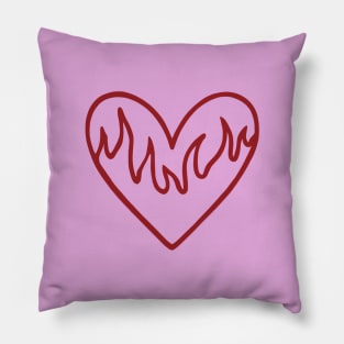 Red Heart on Flames - Pink Background Pillow