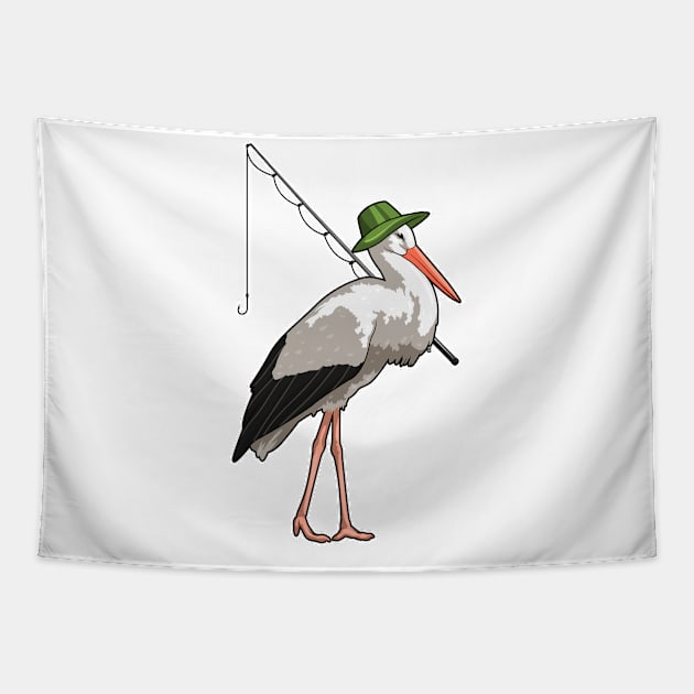 Stork at Fishing with Fishing rod Tapestry by Markus Schnabel