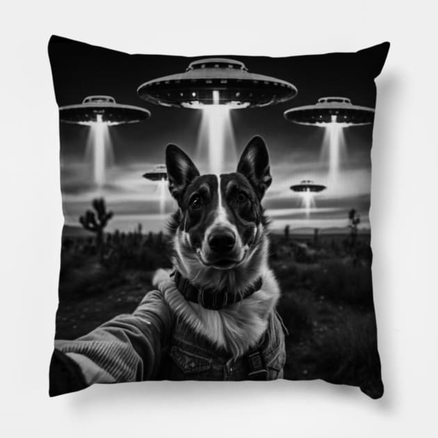 Selfie of Funny Dog And Aliens UFO - 2 Pillow by Megadorim