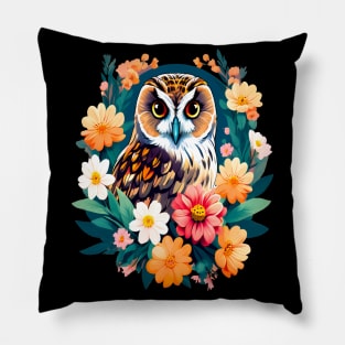 A Cute Short Eared Owl Surrounded by Bold Vibrant Spring Flowers Pillow